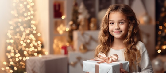 A little girl holding a gift box, Christmas presents all around Generative AI