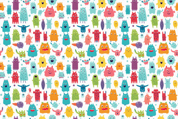 colorful monster character doodle seamless pattern, Generative Ai