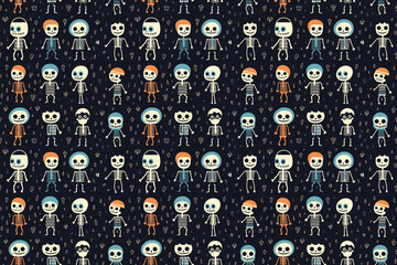 minimalism style cute skeleton kid seamless pattern, idea for Halloween background, Generative Ai
