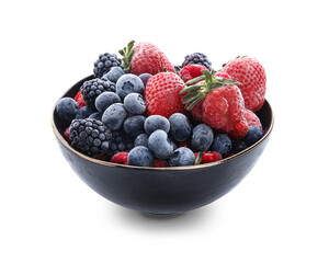 Bowl of frozen berries on white background
