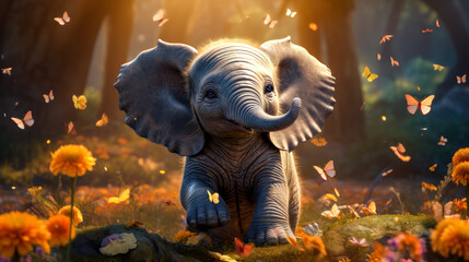 Happy Baby Elephant in Magical Forest Ai Generated