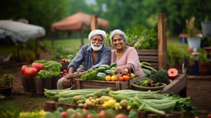 Naklejka na ściany i meble Elderly Happy Indian Couple Presenting Their Harvest