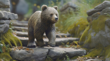 A fabulous bear walks along a stone road, the background is an ancient city. AI generated.