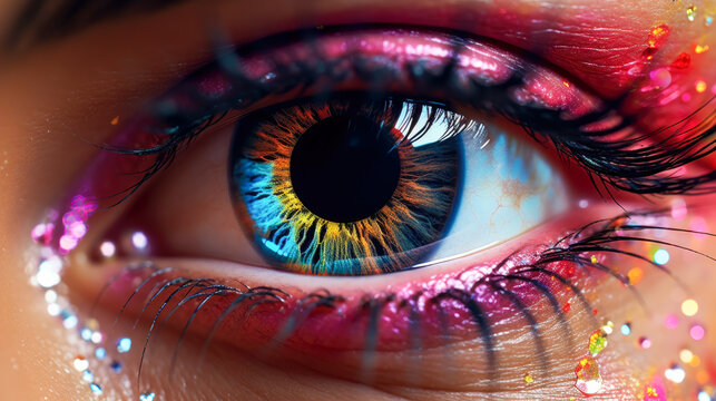 Vivid Eyeball with Rainbow Iris and Glitter Eyelashes A Female Eye Ai Generated