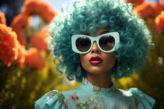 Trendy young woman with curly blue hair and bright makeup looking at camera while standing on blurred floral background. Generative AI