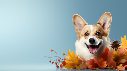 Minimalist banner of a cute dog smiling with beautiful colorful autumn leaves with copy space. Smiling dog with golden autumn leaves.