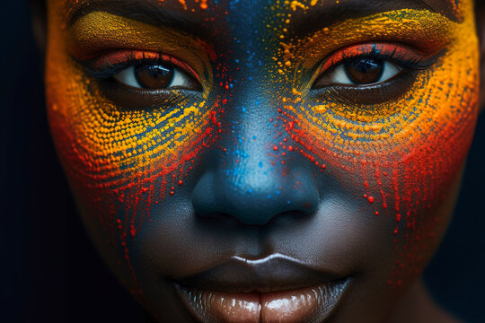 Generative AI illustration portrait of young African female model with bright painted face and makeup looking at camera against dark background