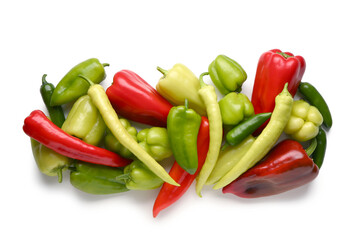 Different fresh peppers on white background