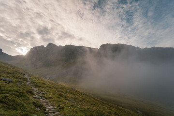 Hiking Trail up to Scafell Pike from Wasdale in the Lake District, UK, on a misty summer morning -  Wide