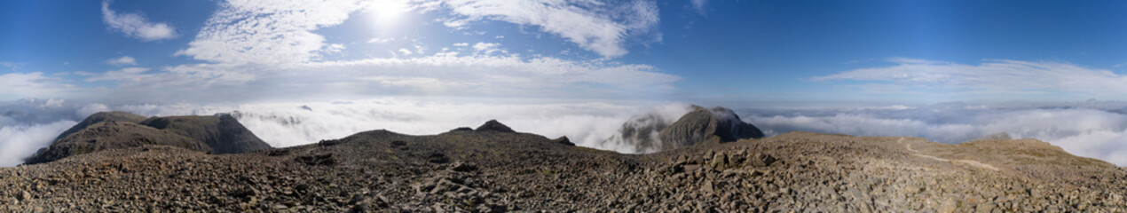 360 Panorama above the cloud from Scafell Pike (The Lake District, UK), the highest point in England, with no people in it on summer day 