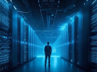 person standing in glowing blue  data center, rows of towering servers