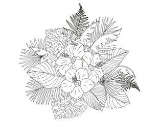 Coloring page made of tropical flowers and leaves. The best activity to relieve stress.