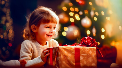 Fototapeta na wymiar Little girl opening gift box with christmas tree in the background.