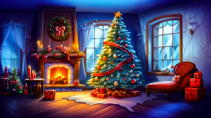 Fototapeta premium Christmas tree in living room with fire place and fireplace.