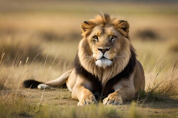 Big male African lion (Panthera leo) lying in the grass, Etosha National Park, Namibia, southern...