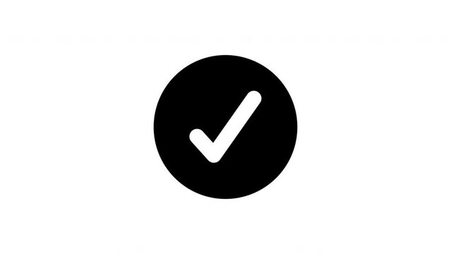 Animated white check mark icon in a black circle. Isolated on a white background.