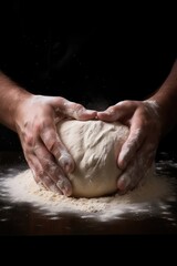 A baker kneads dough on a flour-dusted wooden table, hands covered in flour.