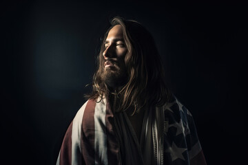 Jesus Christ draped in an American flag, long haired man with beard, shining heavenly light
