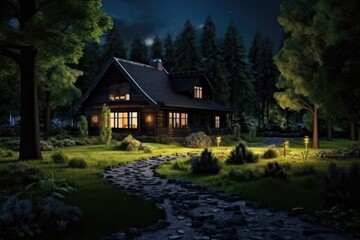 A cozy cabin under a starlit sky, nestled amidst the woods, inviting with its warmly lit porch.