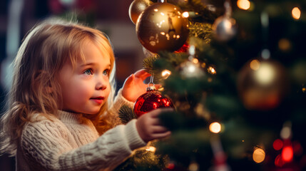 Little girl holding christmas ornament next to christmas tree.