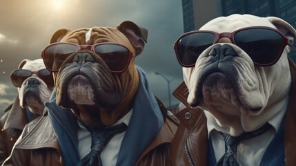 Three bulldogs wearing sunglasses and suits. AI