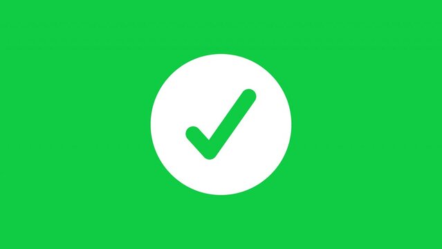 Animated green check mark icon in white circle. Isolated on a green background.