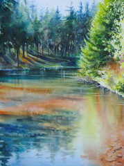 My original watercolors painting. Summer  forest in background and reflections in colorful water. - 646974512