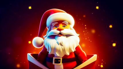 Cartoon santa claus sitting on top of box with christmas tree in the background.