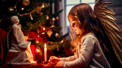Little girl sitting in front of christmas tree with lit candle.