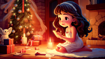 Little girl sitting on the floor in front of christmas tree with lit candle.