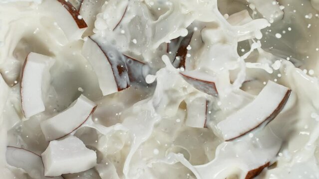 Fresh sliced coconuts falling into milk, super slow motion filmed on high speed cinematic camera at 1000 fps.