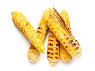 Tasty grilled corn cobs on white background