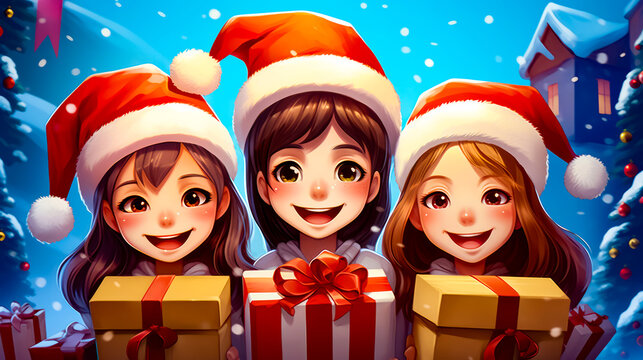 Three girls wearing santa hats and holding gift box in front of blue sky.