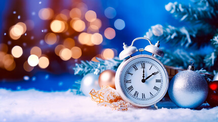 Fototapeta na wymiar Alarm clock sitting on top of snow covered ground next to christmas tree.