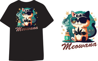 t shirt design cute chibi cat infused with weed logo and smoke with text 'meowana", conceptual art, illustration, vibrant