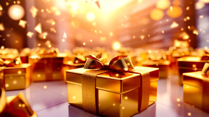 Gold gift box with bow on shiny surface with lights in the background.