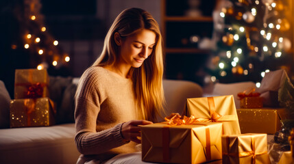 Woman sitting on couch opening box with bow on it.