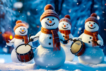 Group of snowmen playing drums in the snow with snowman in the background.