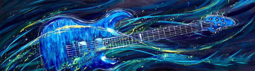 Abstract acrylic painting of blue electric guitar. Colorful waves in the background symbolize music. - 646975194