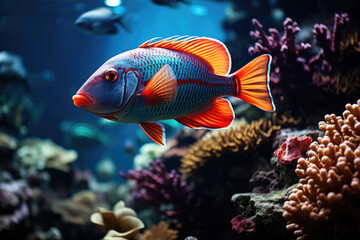 Tropical sea underwater fishes on coral reef. Aquarium oceanarium wildlife colorful marine panorama landscape nature snorkeling diving