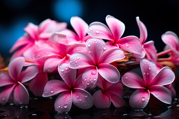 Delicate flowers emerge in a grove of light pink plumeria through the grace of nature. Close-up of the tranquil beauty of plumeria flowers with their dewy petals.