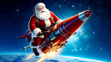 Santa clause is riding on rocket in the sky above the earth.
