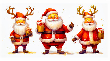 Group of three santa clauses holding presents and giving thumbs up signs.