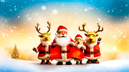 Group of santa claus and reindeers standing in front of snowy background.