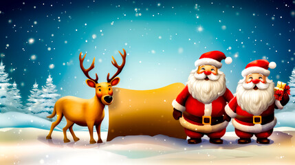Santa clause standing next to reindeer in snow covered field with log.