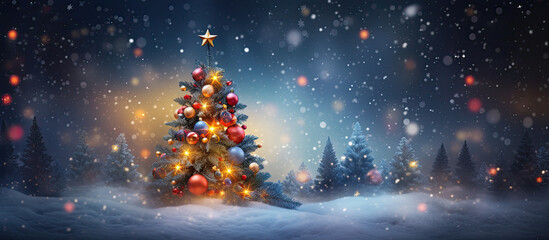 árboles de navidad con bolas iluminadas y estrella en su parte superior en paisaje nocturno nevado, con fondo desenfocado y bokeh - obrazy, fototapety, plakaty
