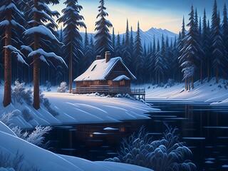 Winter landscape with a cozy cabin and trees