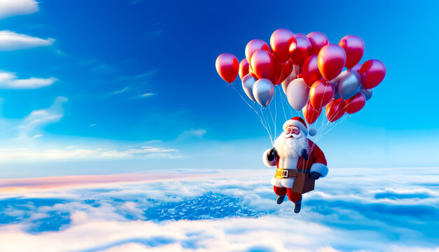 Santa clause is flying in the sky with lots of red and white balloons.