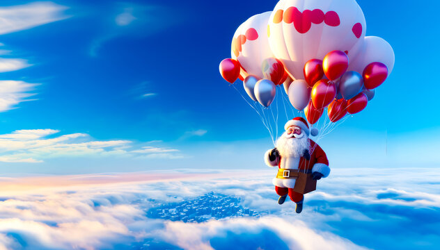 Santa clause is flying in the sky with bunch of heart balloons.