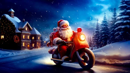 Fotobehang Santa clause riding motorcycle down snowy road in front of house. © Констянтин Батыльчук